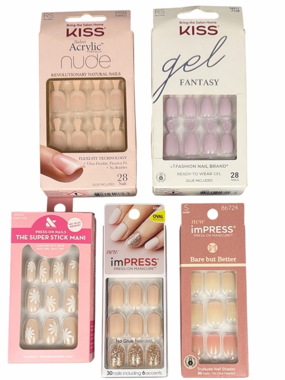 NWT Press On Nail Bundle Lot 5 Kiss imPRESS Olive & June Nude Pink Daisy